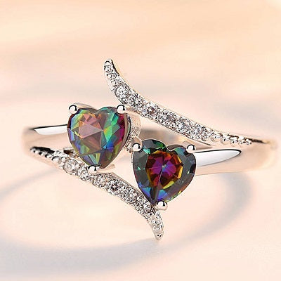 Beiver Double Heart Rainbow CZ Ring in Rhodium Plated Wedding Bands AAA Zircon Jewelry Women Accessories Engagement Ring