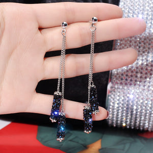 Korea high-end creative blue imitation rhinestone tassel earrings temperament long geometric earrings