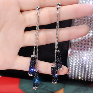 Korea high-end creative blue imitation rhinestone tassel earrings temperament long geometric earrings