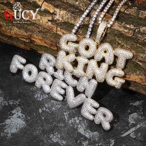 GUCY A-Z Custom Name Bubble Letters Pendant & Necklace Charm Men's CZ Hip Hop Jewelry With Gold Silver Tennis Chain