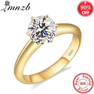 90% OFF! Original 925 Silver Wedding Ring For Women Gold Color Six Claw Cubic Zirconia Round 1 Carat 6mm Ring Fine Jewelry R0753