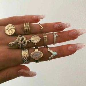 11 Pcs/set Vintage Women Evil Eye Olive Branch Rings Set Crystal Crown Fashion Ring for Women Geometric Finger Wedding Jewelry