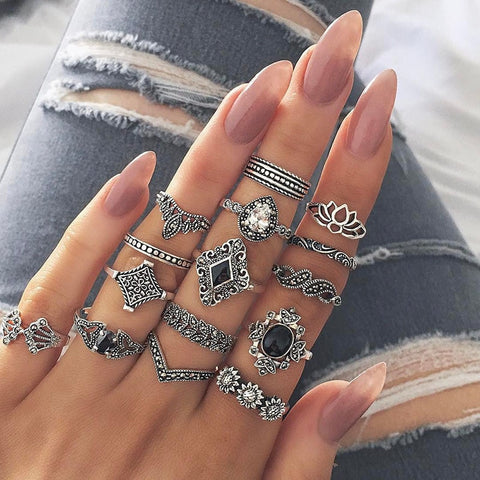 15Pcs Bohemian Flower Crystal Crown Finger Knuckle Ring Set Beautiful Silver Hollow Midi Joint Rings Lot Women Vintage Jewelry