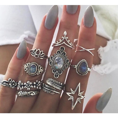 25 styles Bohemian Retro Crystal Flower Elephant Hollow Lotus Gem Silver Ring Set Women Wedding Anniversary Gift