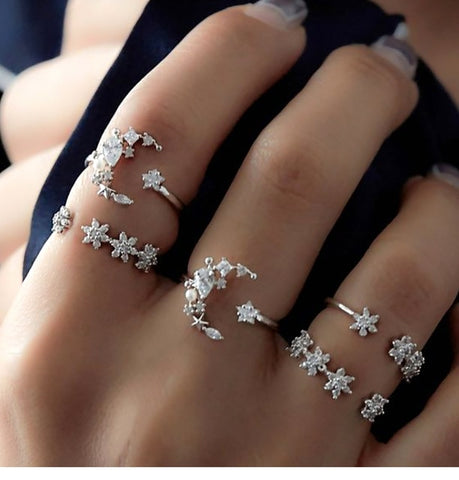 25 styles Bohemian Retro Crystal Flower Elephant Hollow Lotus Gem Silver Ring Set Women Wedding Anniversary Gift