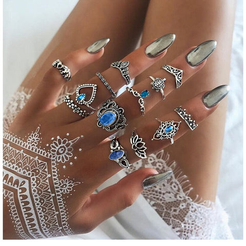 25 styles Bohemian Retro Crystal Flower Elephant Hollow Lotus Gem Silver Ring Set Women Wedding Anniversary Gift