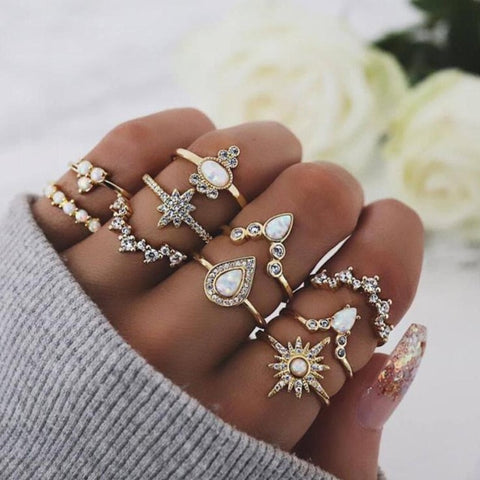 25 styles Bohemian Retro Crystal Flower Elephant Hollow Lotus Gem Silver Ring Set Women Wedding Anniversary Gift