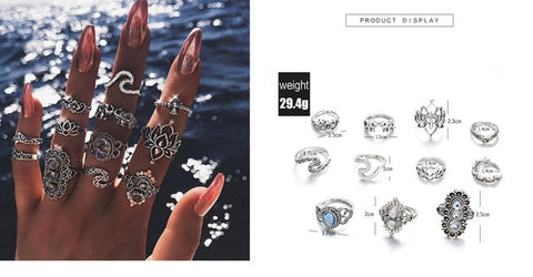 25 styles Bohemian Retro Crystal Flower Elephant Hollow Lotus Gem Silver Ring Set Women Wedding Anniversary Gift