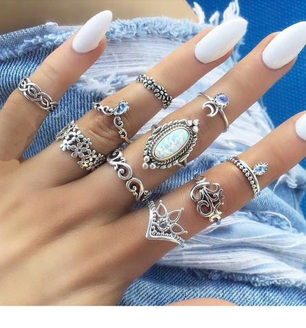 25 styles Bohemian Retro Crystal Flower Elephant Hollow Lotus Gem Silver Ring Set Women Wedding Anniversary Gift