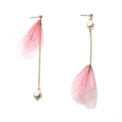 Korean Retro Asymmetric Butterfly Imitation Pearl Earrings Fashion Round Flower Brincos Long Statement Wings Earrings Jewelry