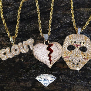 Rhinestone Mask Long Necklace Stainless Steel Pendant Necklace Hip Hop Broken Heart Necklaces Jewelry Gift Chain Necklace