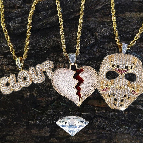 Rhinestone Mask Long Necklace Stainless Steel Pendant Necklace Hip Hop Broken Heart Necklaces Jewelry Gift Chain Necklace