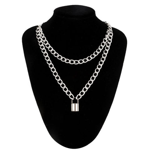 Double layer Lock Chain necklace punk 90s link chain silver color padlock pendant necklace women fashion gothic  jewelry