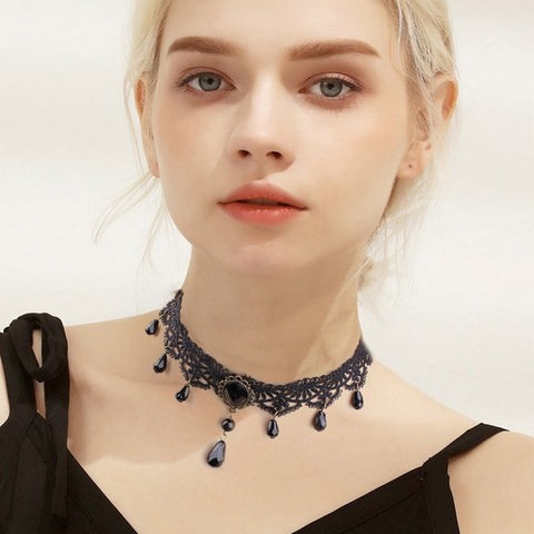 New Collares Sexy Gothic Chokers Crystal Black Lace Neck Choker Necklace Vintage Victorian Women Chocker Steampunk Jewelry