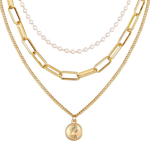 17KM Vintage Gold Portrait Coin Pearl Pendant Necklaces For Women Bohemia Fashion Muklltilayer Pearl Long Necklace 2019 Jewelry