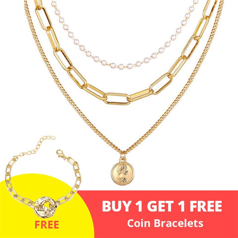 17KM Vintage Gold Portrait Coin Pearl Pendant Necklaces For Women Bohemia Fashion Muklltilayer Pearl Long Necklace 2019 Jewelry