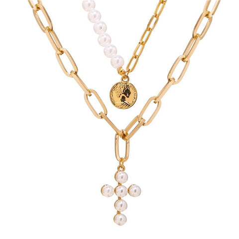 17KM Vintage Gold Portrait Coin Pearl Pendant Necklaces For Women Bohemia Fashion Muklltilayer Pearl Long Necklace 2019 Jewelry