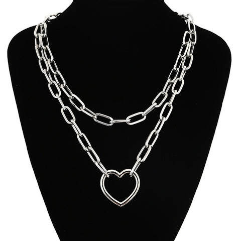 Double layer Lock Chain necklace punk 90s link chain silver color padlock pendant necklace women fashion gothic  jewelry