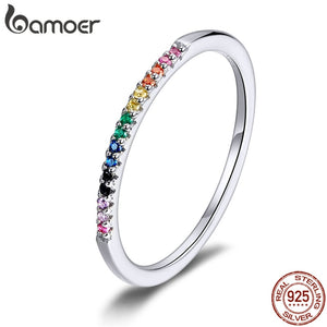 bamoer Rainbow Color CZ Finger Rings for Women Stackable Match Joker Wedding Statement Sterling Silver 925 Jewelry SCR583