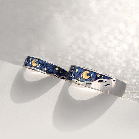 S925 Silver Van Gogh Starry Sky Open Lover Rings Band Romantic Couple Jewelry Ring