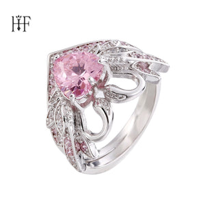 1 Set Swan Ring Pink Silver Color Cubic Zirconia Crystal bague femme Heart wedding rings anillos mujer For Women jewellery joyas