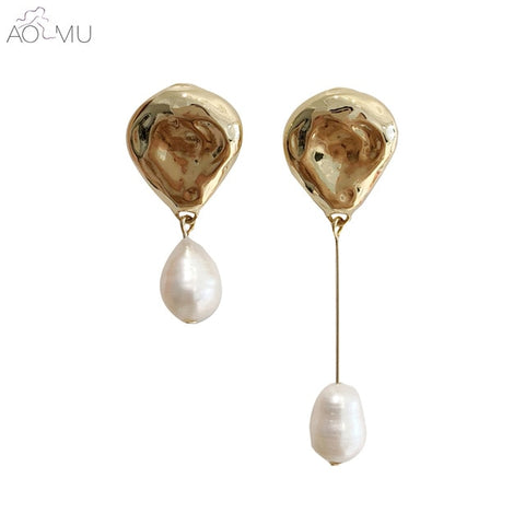 AOMU Korea Design Metal Gold Geometric Irregular Circle Square Natural Freshwater Pearl Stud Earrings for Women Girl Gift