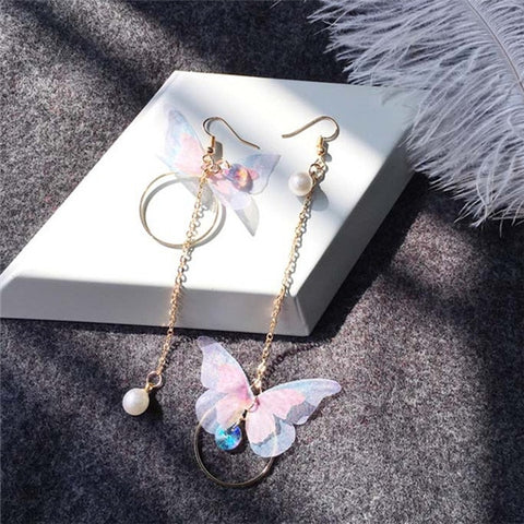 Korean Retro Asymmetric Butterfly Imitation Pearl Earrings Fashion Round Flower Brincos Long Statement Wings Earrings Jewelry