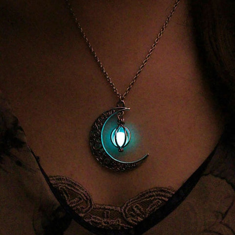 FAMSHIN 2019 New Hot Moon Glowing Necklace,Gem Charm Jewelry,Silver Plated,Women Halloween Hollow Luminous Stone Necklace Gifts