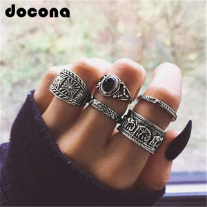 docona Boho Silver Color Elephant Flower Knuckle Midi Ring Set for Women Vintage Black Rhinestone Finger Rings 5pcs/1set 6222