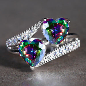 Beiver Double Heart Rainbow CZ Ring in Rhodium Plated Wedding Bands AAA Zircon Jewelry Women Accessories Engagement Ring