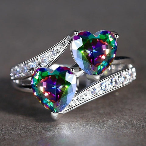 Beiver Double Heart Rainbow CZ Ring in Rhodium Plated Wedding Bands AAA Zircon Jewelry Women Accessories Engagement Ring