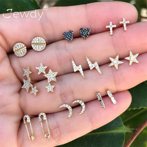 9 Pairs/set Moon Stars Heart Lightning Bijoux Crystal Stud EarringS for Woman Boucle D'oreille Jewelry Dazzling Earring Brincos