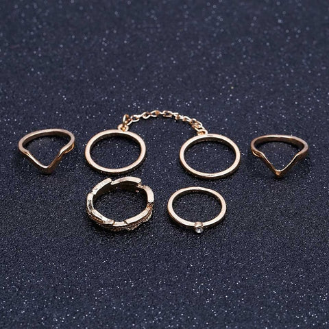 6pcs/lot Unique Leaf Crystal Ring Set Punk Style Gold Color Knuckle Rings For Women Midi Finger Knuckle Link Chain Rings Set