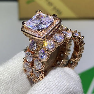 Hot Sale Original  New 2019 Luxury Jewelry 925 Silver&Rose Gold Fill Princess Cut 5A Cubic Zirconia Wedding Bridal Ring Set Gift