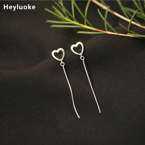 Cute New Fashion 925 Jewelry Silver Plated Ear Studs Heart Shape With Long Tassel Stud Earnings For Women Girl