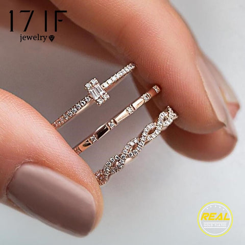 17IF 3Pcs/Set Fashion Geometry Intersect Crystal Rings Set For Women Girls Engagement Wedding Rings Female Party Jewelry Gifts