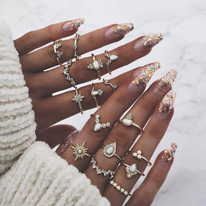 16Pcs/Set Punk Crystal Finger Ring Set For Women Bohemian Vintage Gold Color Boho Ladies Party Jewelry Accessories