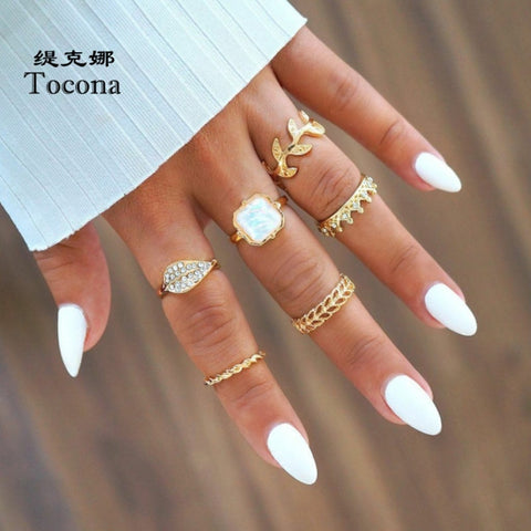 Tocona Bohemia 6pcs/sets Hot Sale Crown Leaf Hollow Genmetric Design Gold Color Opal Finger Rings For Women Ladies Jewelry 5809