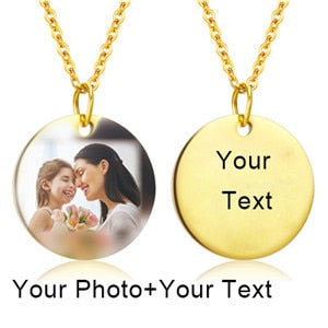 Mothers Day Heart Shape Round Necklace Personalized Nameplate Custom Name Photo Gold Chain Necklace Women Men Customized Jewelry